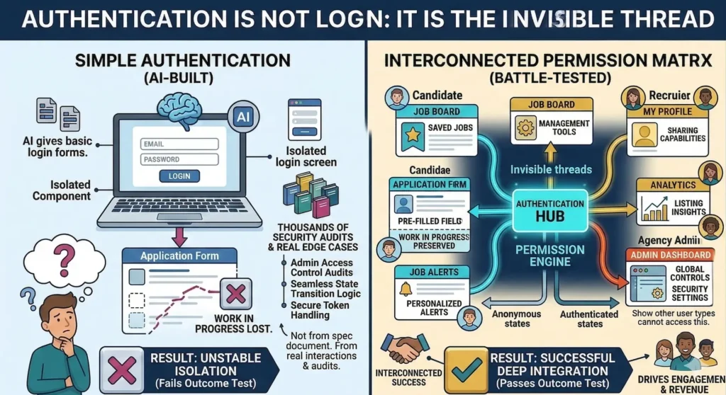 The Recruitment Website Iceberg: What 10,000 Support Tickets Taught Us That AI Never Could 7 Authentication is not login. It is the thread that ties everything together.